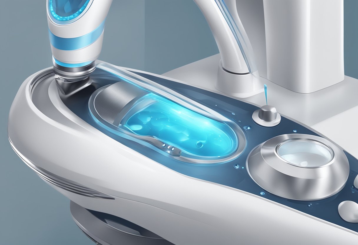 A close-up of a HydraFacial machine targeting blackheads on a skin-like surface, with visible extraction and cleansing processes