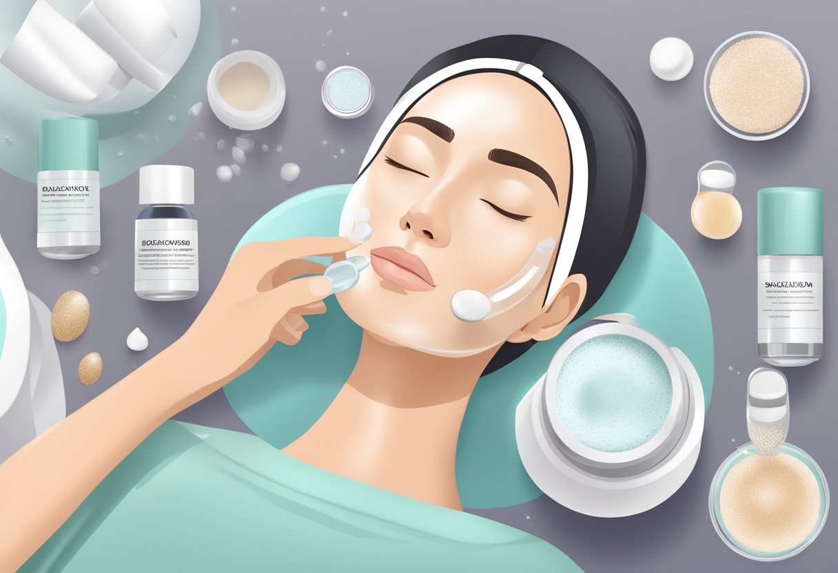 A close-up of a skin treatment machine targeting blackheads with suction and exfoliation, surrounded by skincare products and a serene spa environment