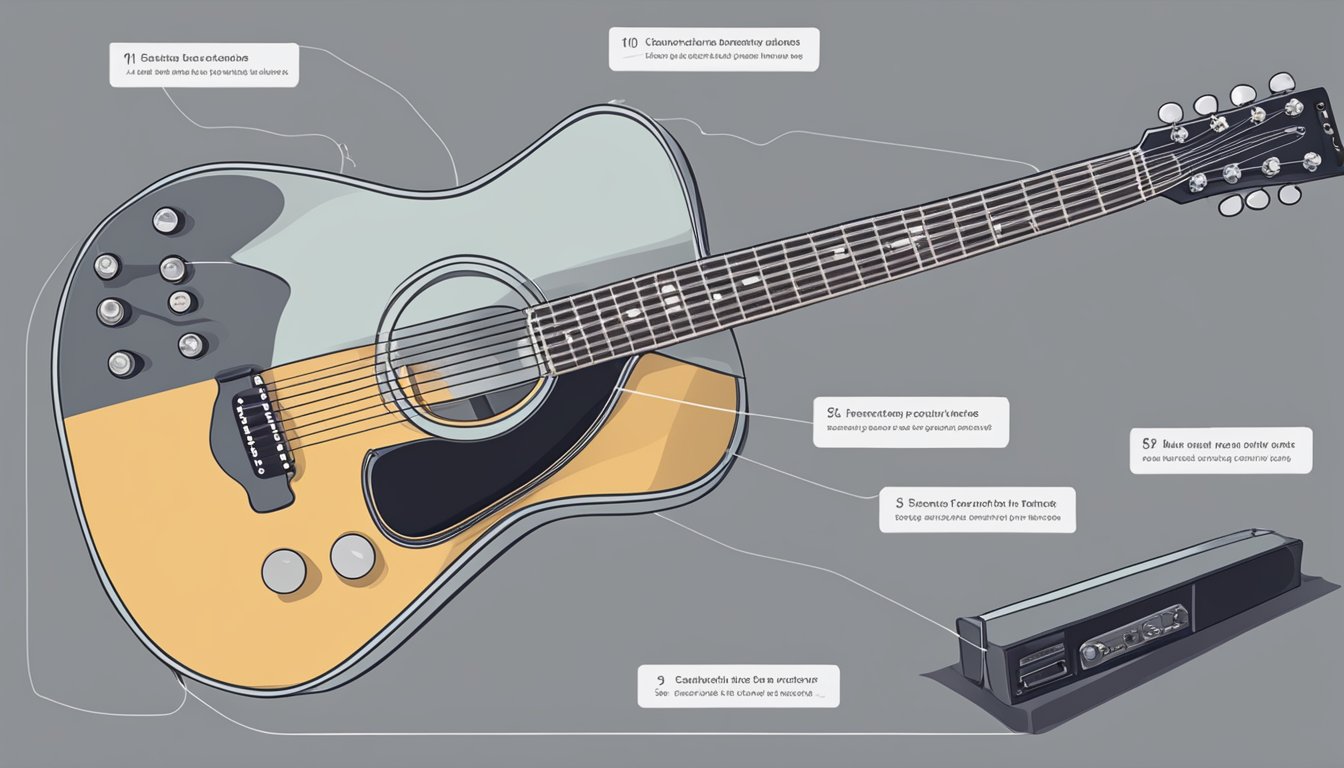 A guitar lying on a stand, with six strings clearly visible and labeled.</p><p>A person's hand is not visible in the scene