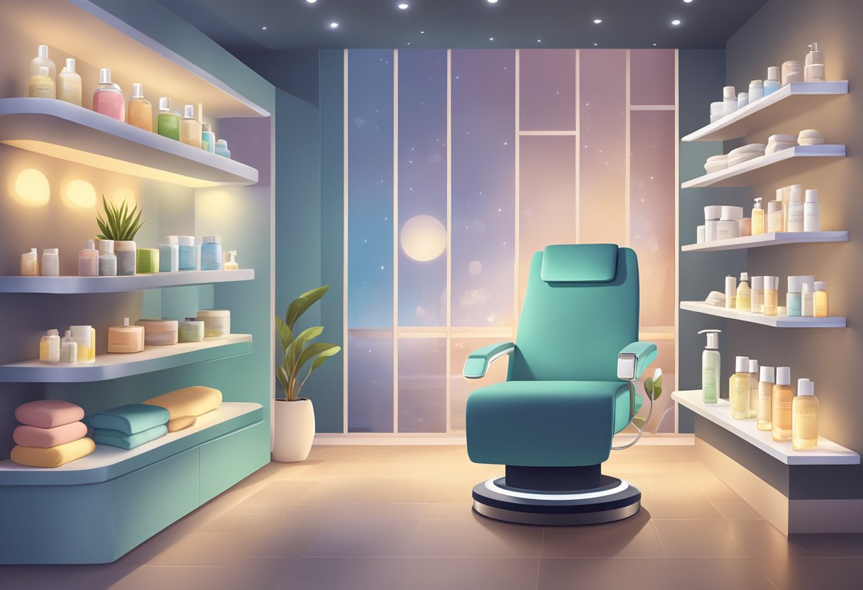 A serene spa room with a reclined treatment chair surrounded by soothing lighting and shelves of skincare products