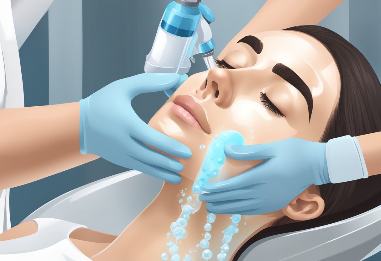 A person with oily skin receiving a HydraFacial treatment, with a focus on the process and equipment used, as well as the overall environment of the spa or clinic