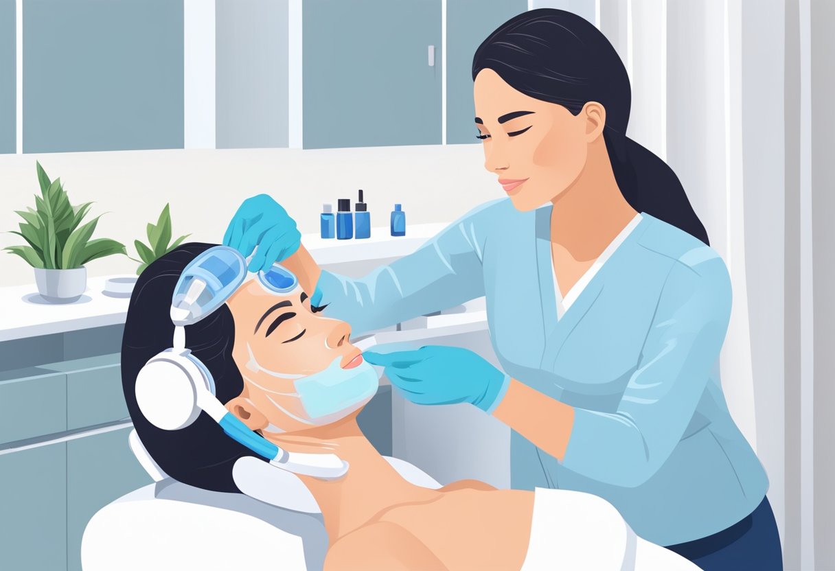 A dermatologist administers a HydraFacial treatment on a model with acne-prone skin in a clean and modern skincare clinic