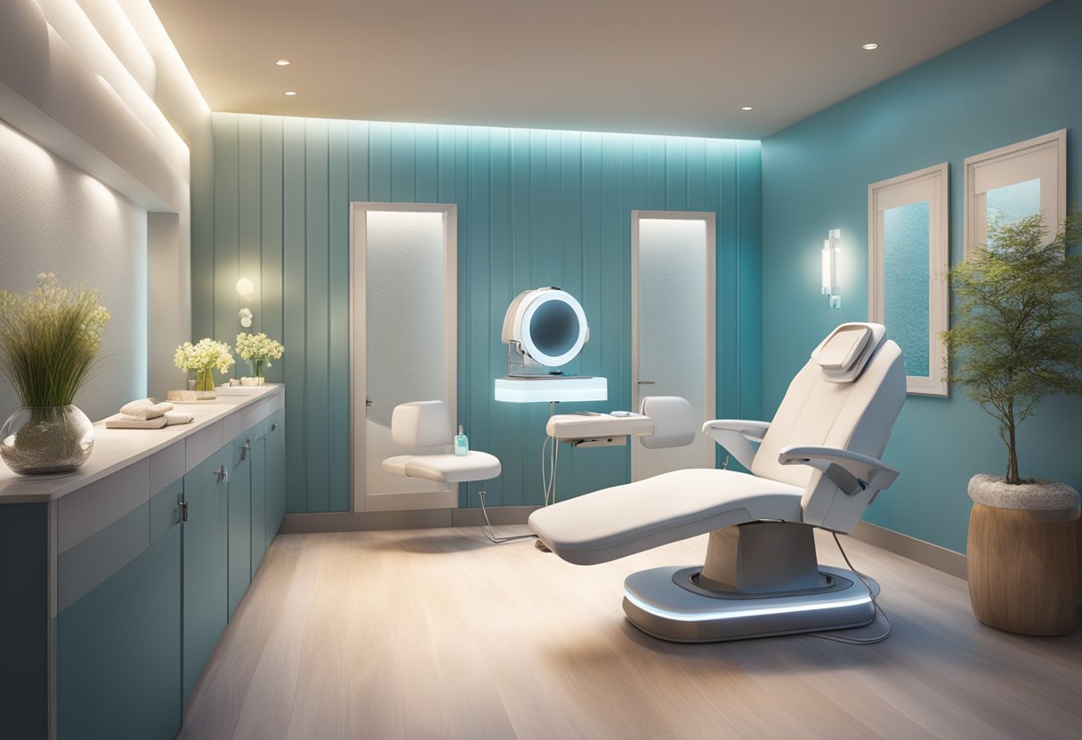 A serene spa room with a comfortable treatment chair, soft lighting, and a HydraFacial machine ready for use