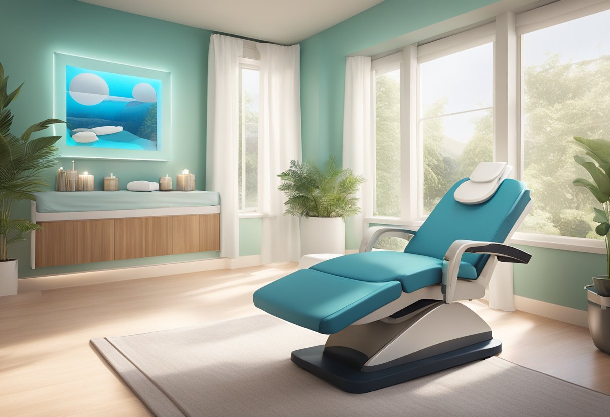 A serene spa room with a reclined treatment chair, soft lighting, and a HydraFacial machine for acne-prone skin