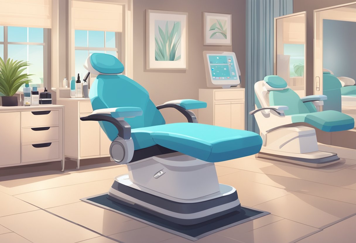 A serene spa room with a comfortable treatment chair, soft lighting, and a HydraFacial machine. A dermatologist or esthetician prepares to perform a facial treatment for acne-prone skin