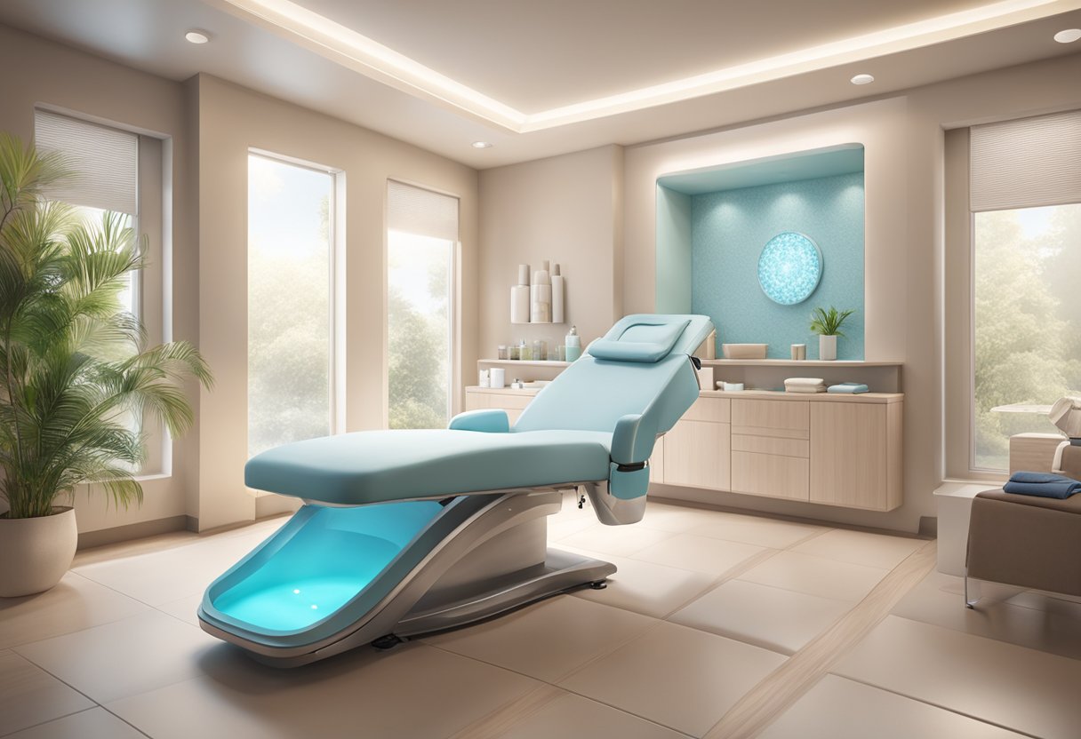 A serene spa room with a reclining chair, soft lighting, and a table set with HydraFacial equipment and products for dry skin treatment