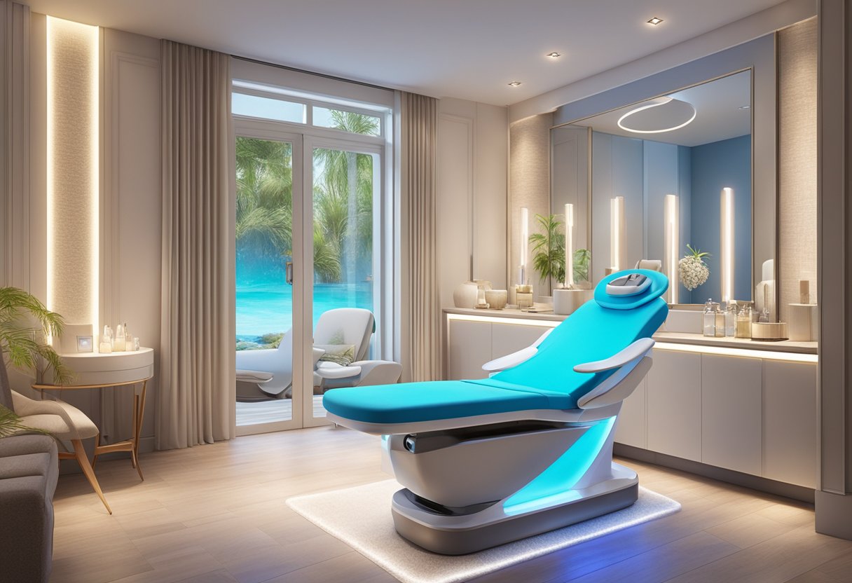 A peaceful spa room with a luxurious facial treatment chair surrounded by soothing lighting and serene decor. A HydraFacial machine sits ready to hydrate and rejuvenate dry skin