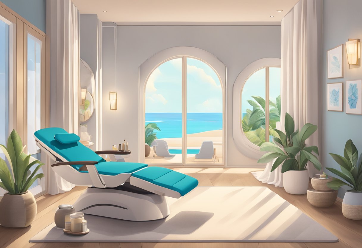 A serene spa room with a reclining chair, soft lighting, and a HydraFacial machine surrounded by skincare products and soothing decor