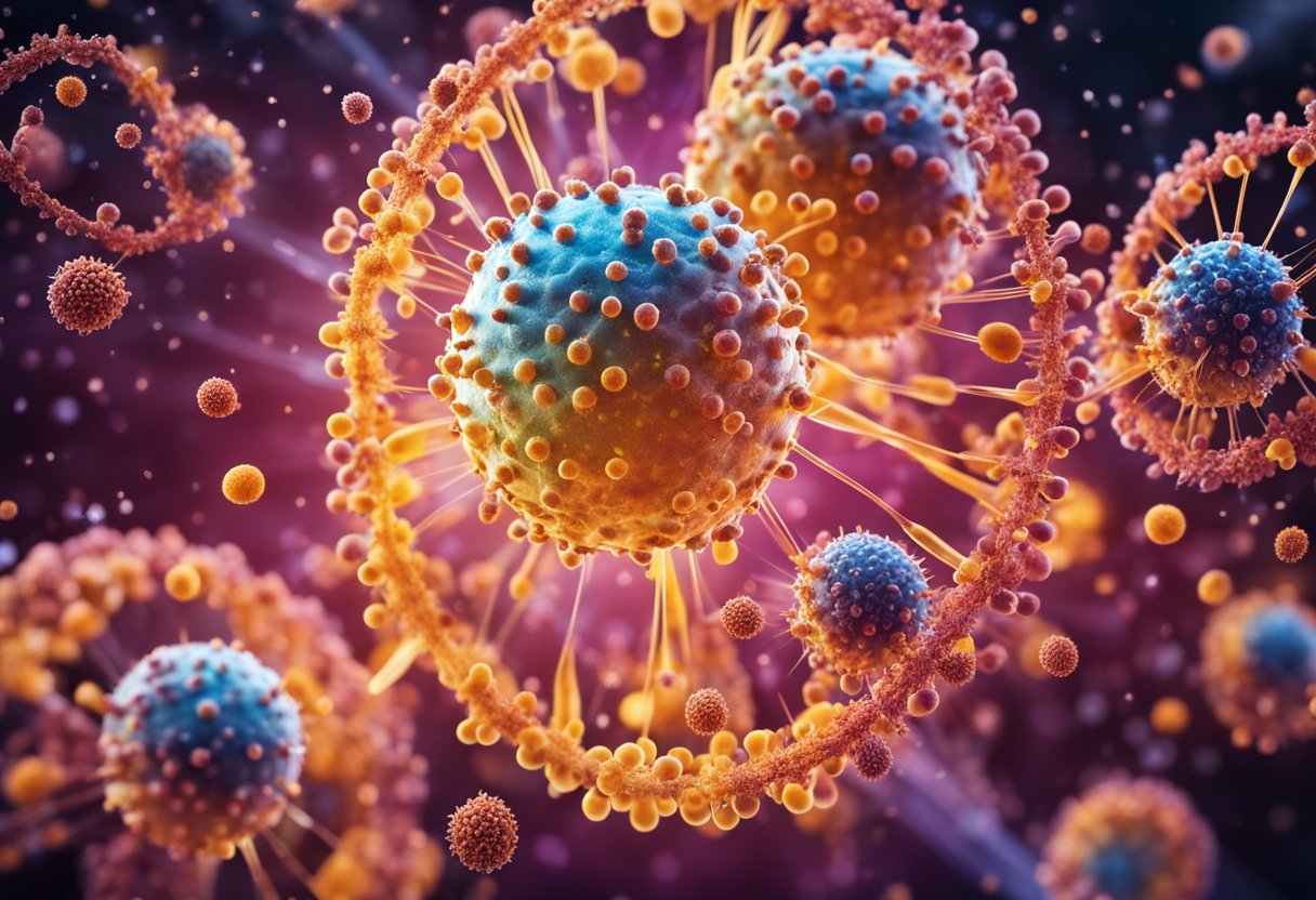 Um sistema imunológico vibrante cercado por partículas do vírus varicela-zóster em ataque, representado em uma ilustração dinâmica e envolvente.