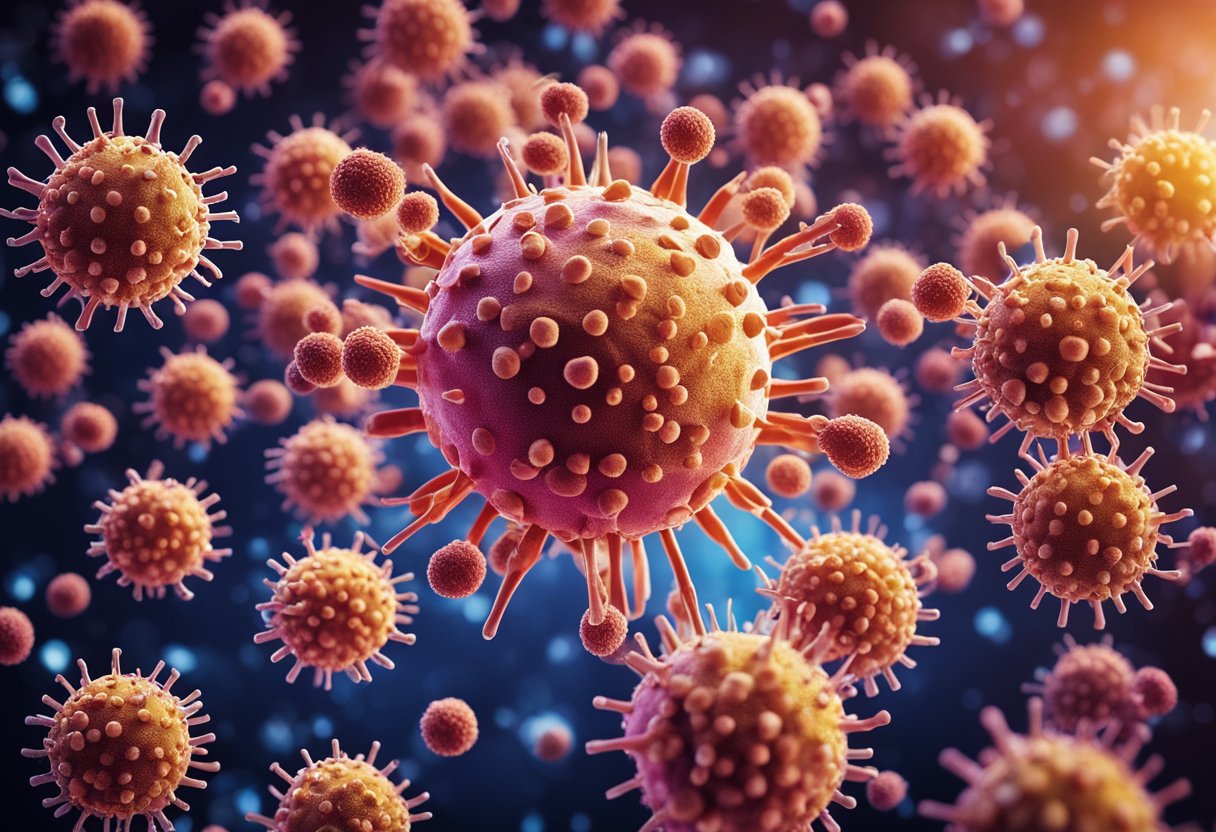 Uma ilustração vibrante do sistema imunológico lutando contra o vírus da herpes zoster, com várias células e anticorpos em ação, cercados por símbolos de força e defesa.