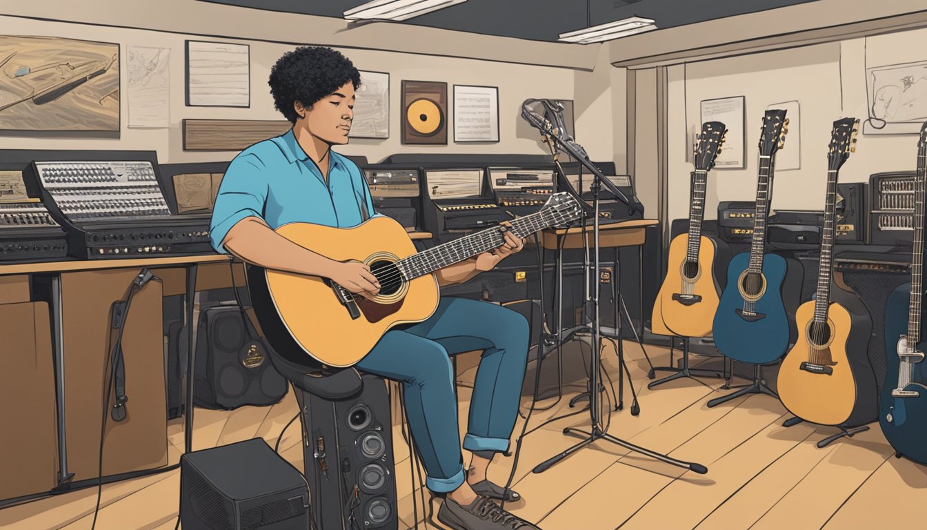 A musician sits in a Guitar Center classroom, surrounded by guitars and music equipment, listening intently to the instructor's lesson