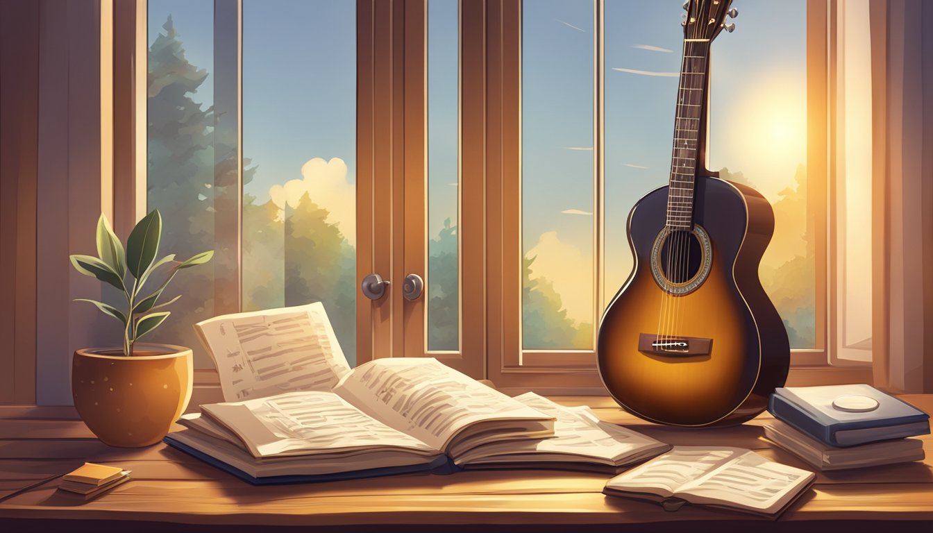 A guitar surrounded by open music books and a metronome on a wooden table, with a window casting warm light on the scene