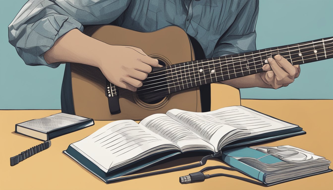 A person's hand strumming a guitar while a book on guitar techniques lies open beside them