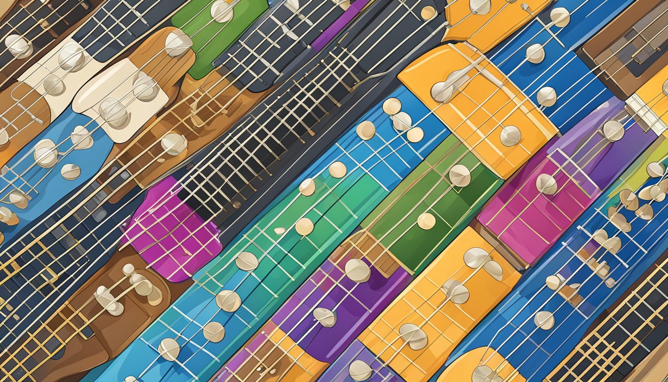 A guitar fretboard with various frets and strings, highlighting the pattern of a major scale in a clear and visually appealing way