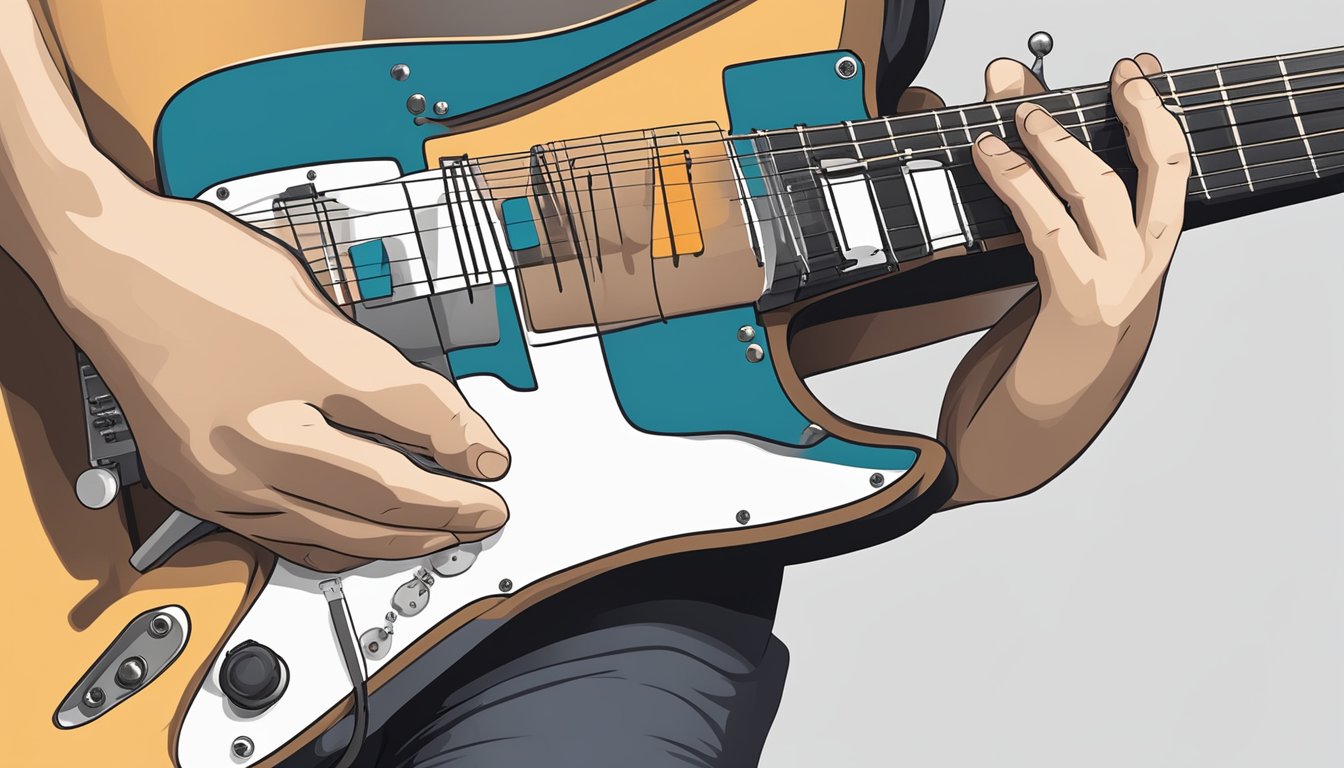 A hand positioning the fingers on the guitar fretboard to play the C#m chord