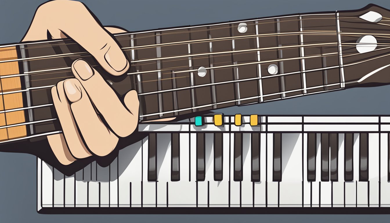 A guitar fretboard with fingers pressing down on the strings to form a C#m chord