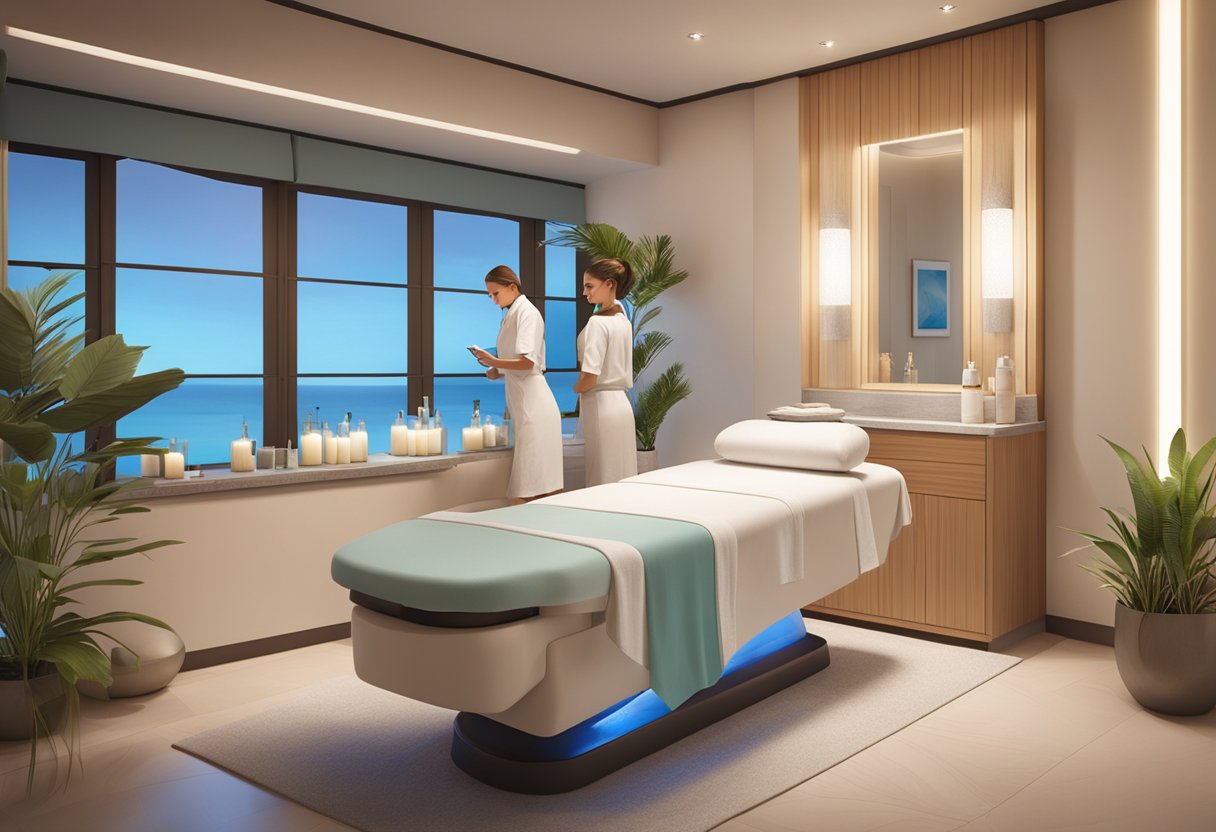 A serene spa room with a comfortable treatment bed, soft lighting, and a calming atmosphere. A professional skincare technician administers a hydrating HydraFacial treatment to rejuvenate dry skin