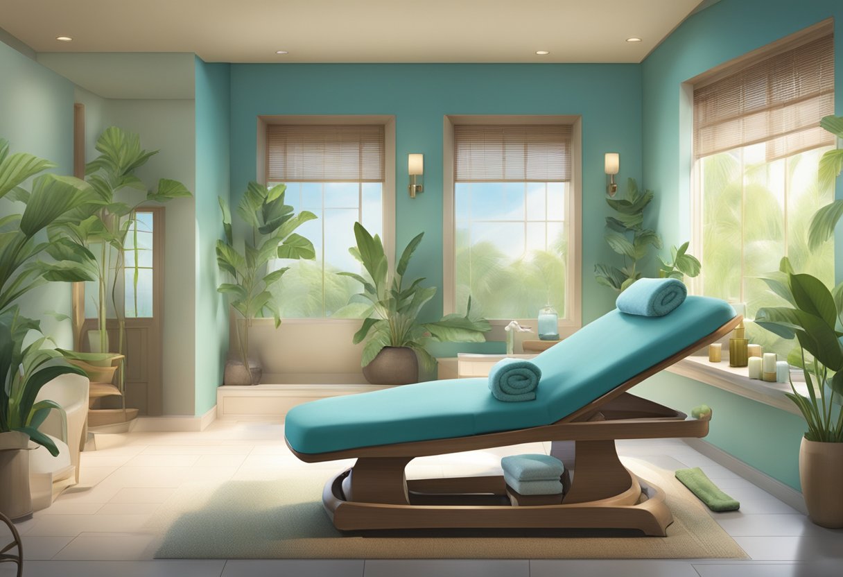 A serene spa room with a cozy atmosphere, featuring a reclining chair surrounded by soothing blue and green decor. A gentle, hydrating facial treatment is being administered by a professional aesthetician