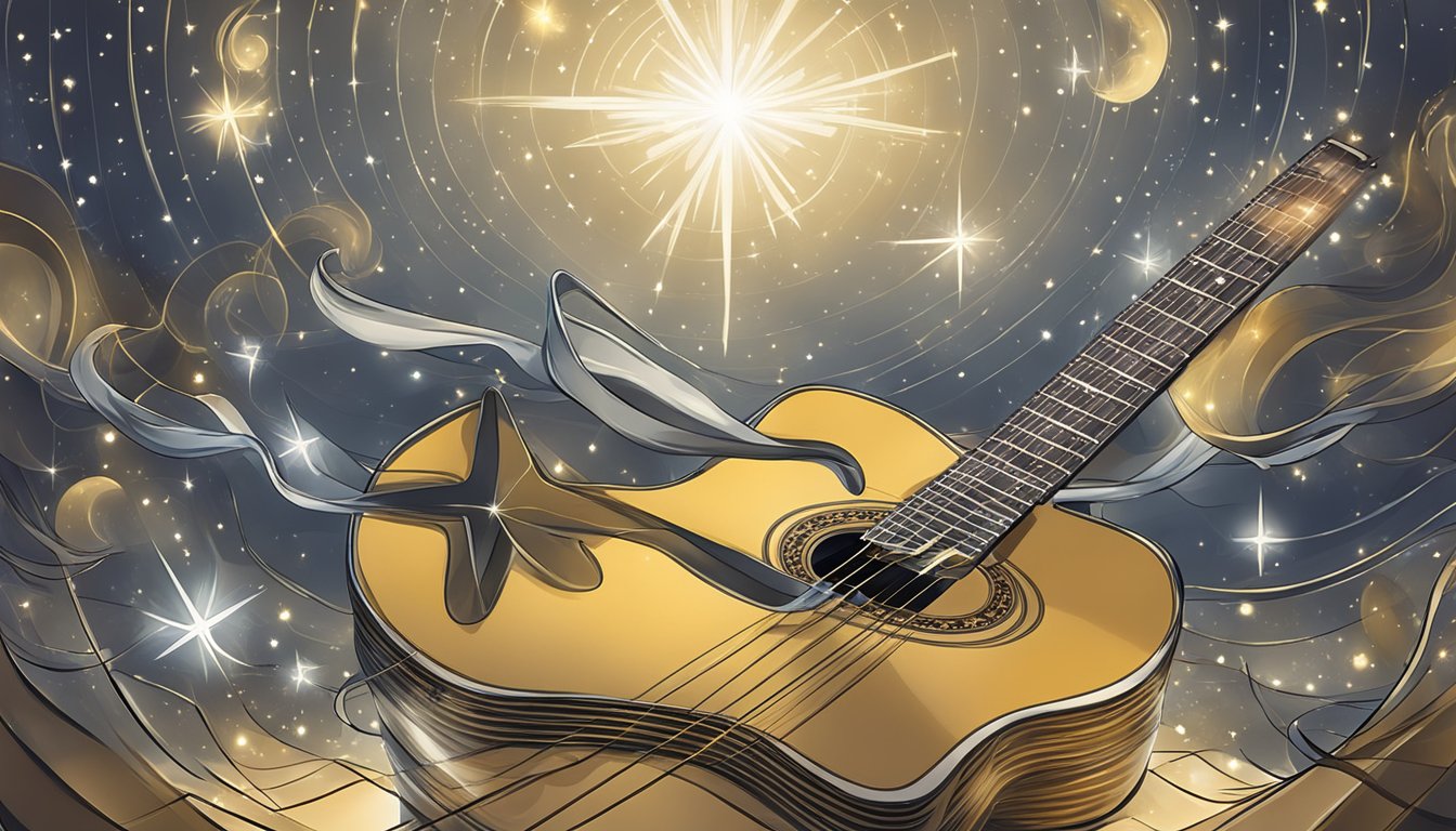 A guitar being strummed with fingers forming chords to play "Twinkle Twinkle Little Star."