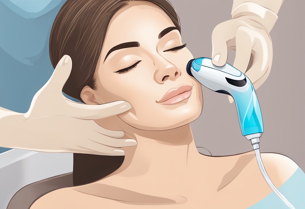 A serene, spa-like setting with a HydraFacial machine gently exfoliating and hydrating skin, reducing fine lines and wrinkles