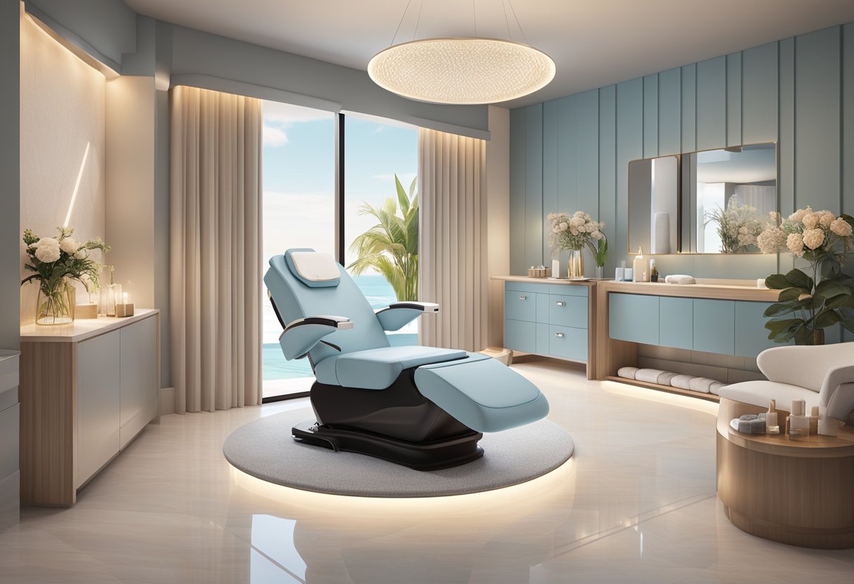 A serene spa room with a comfortable treatment chair, soft lighting, and a sleek HydraFacial machine, surrounded by luxurious skincare products