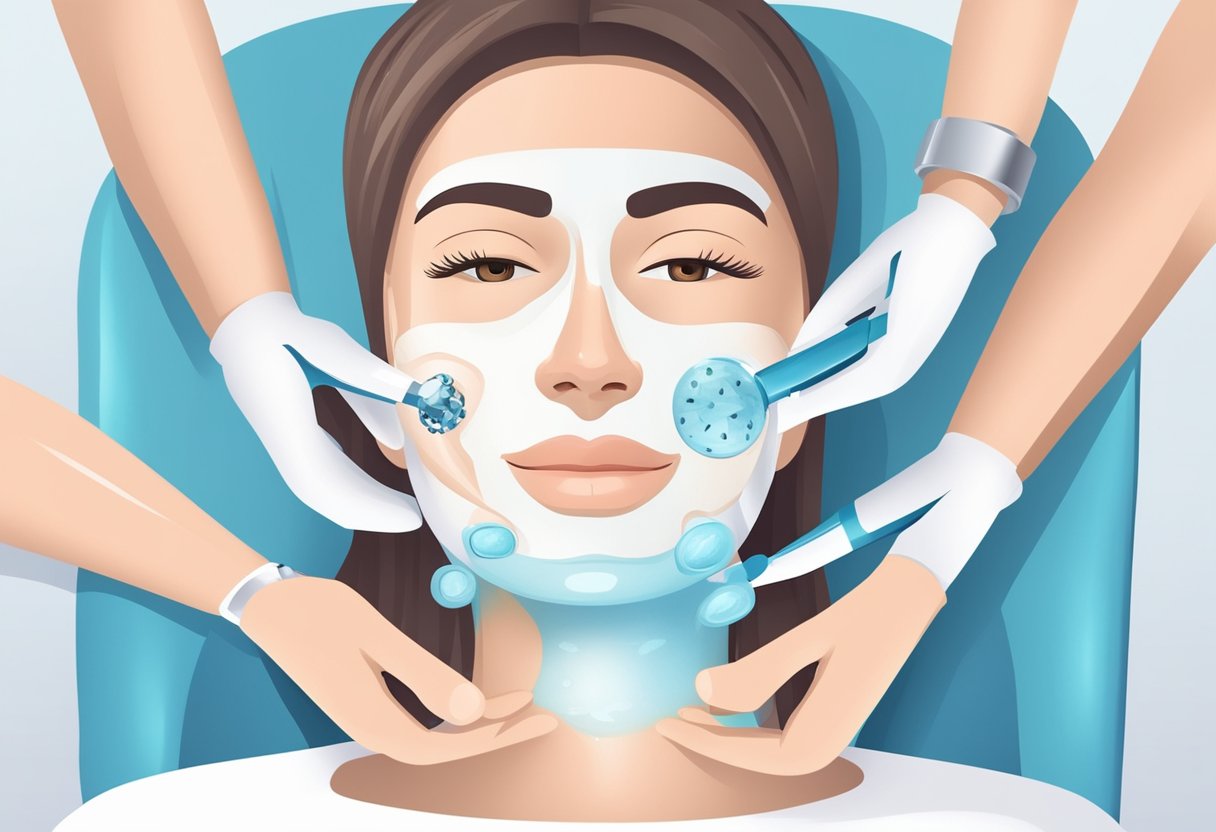 A woman's face receiving a HydraFacial treatment, with different skincare products and tools tailored to target fine lines and wrinkles