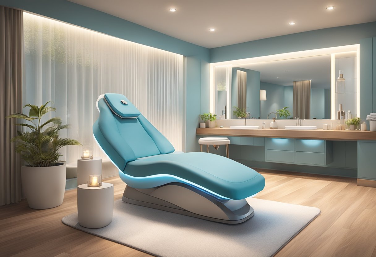 A serene spa room with a comfortable treatment chair, soft lighting, and a HydraFacial machine gently exfoliating and hydrating the skin