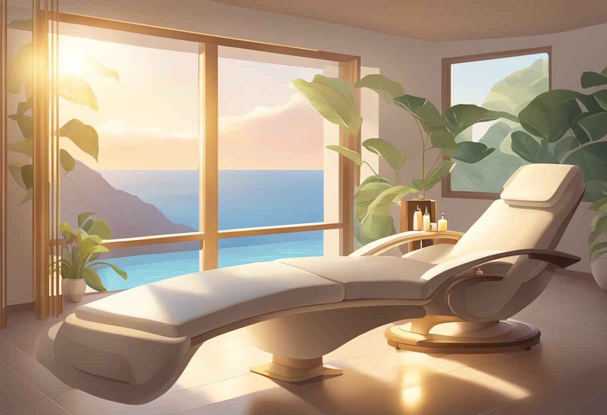 A serene, sunlit spa room with a reclined treatment chair and a glowing, radiant skin