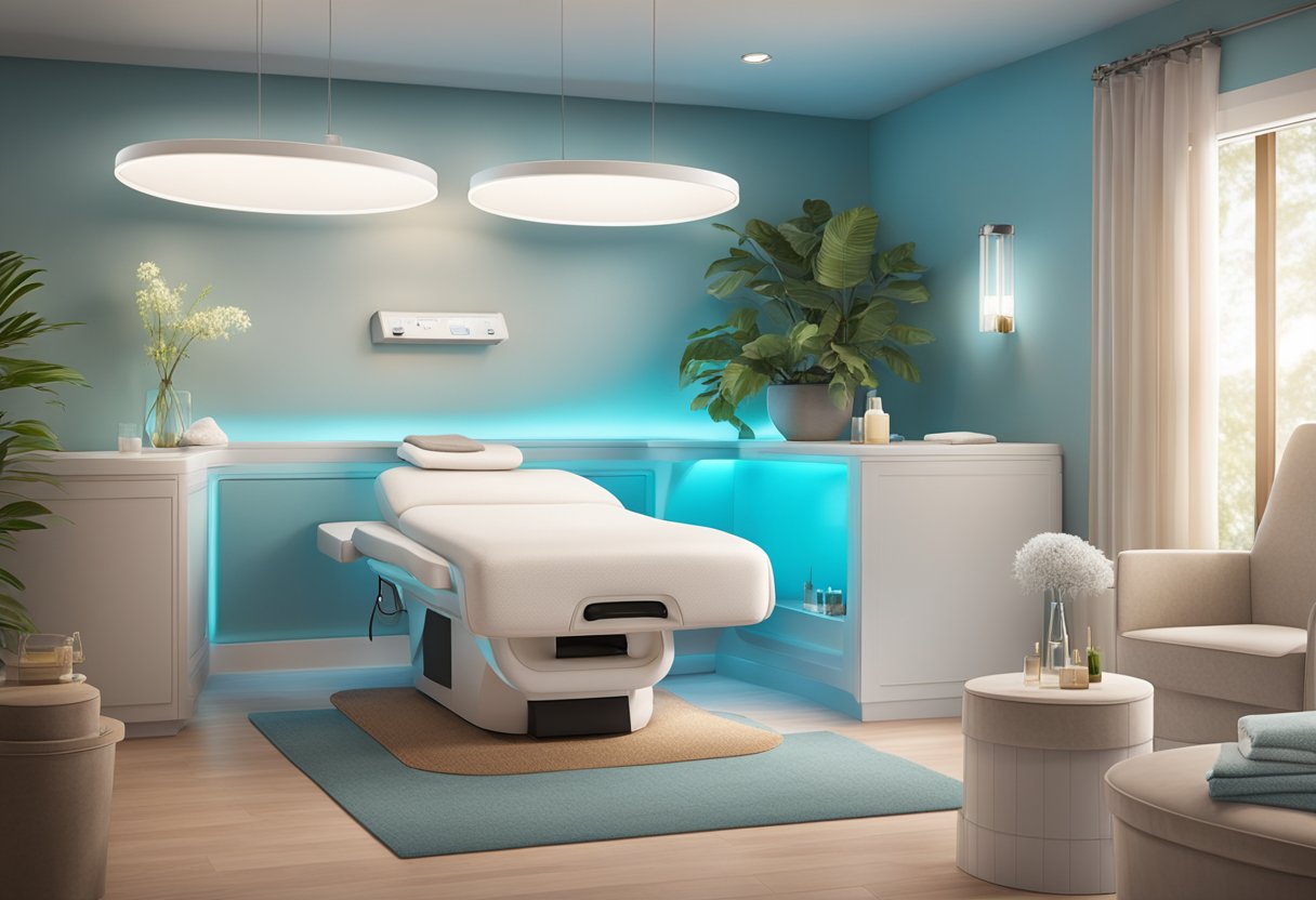 A serene spa room with a comfortable treatment bed, soft lighting, and a HydraFacial machine ready for use