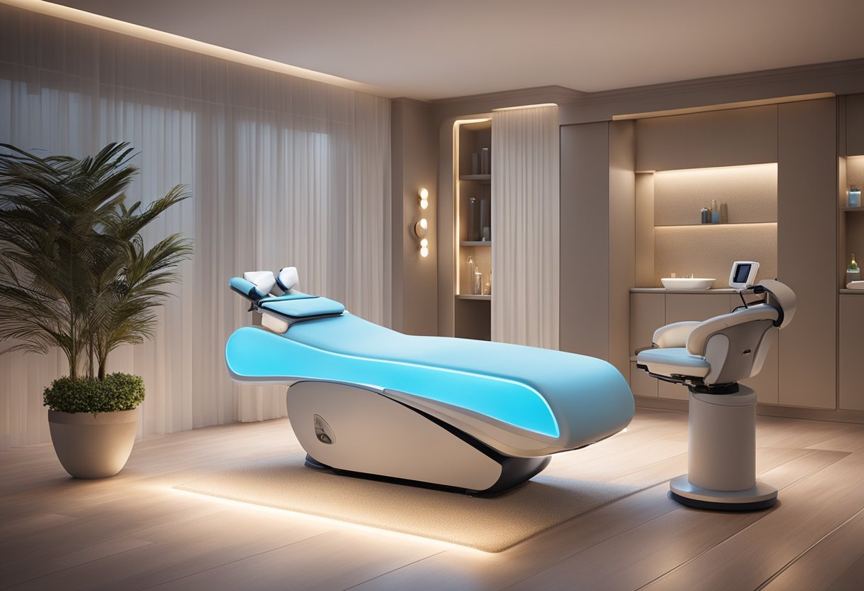 A serene spa setting with a reclined treatment chair, soft lighting, and a tranquil atmosphere, showcasing the process of a HydraFacial treatment for glowing skin