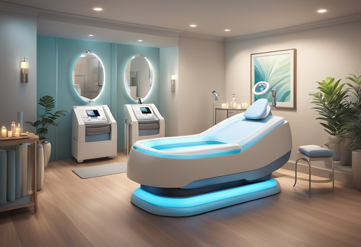 A serene spa room with a comfortable treatment bed, soft lighting, and a professional skincare machine for a HydraFacial treatment