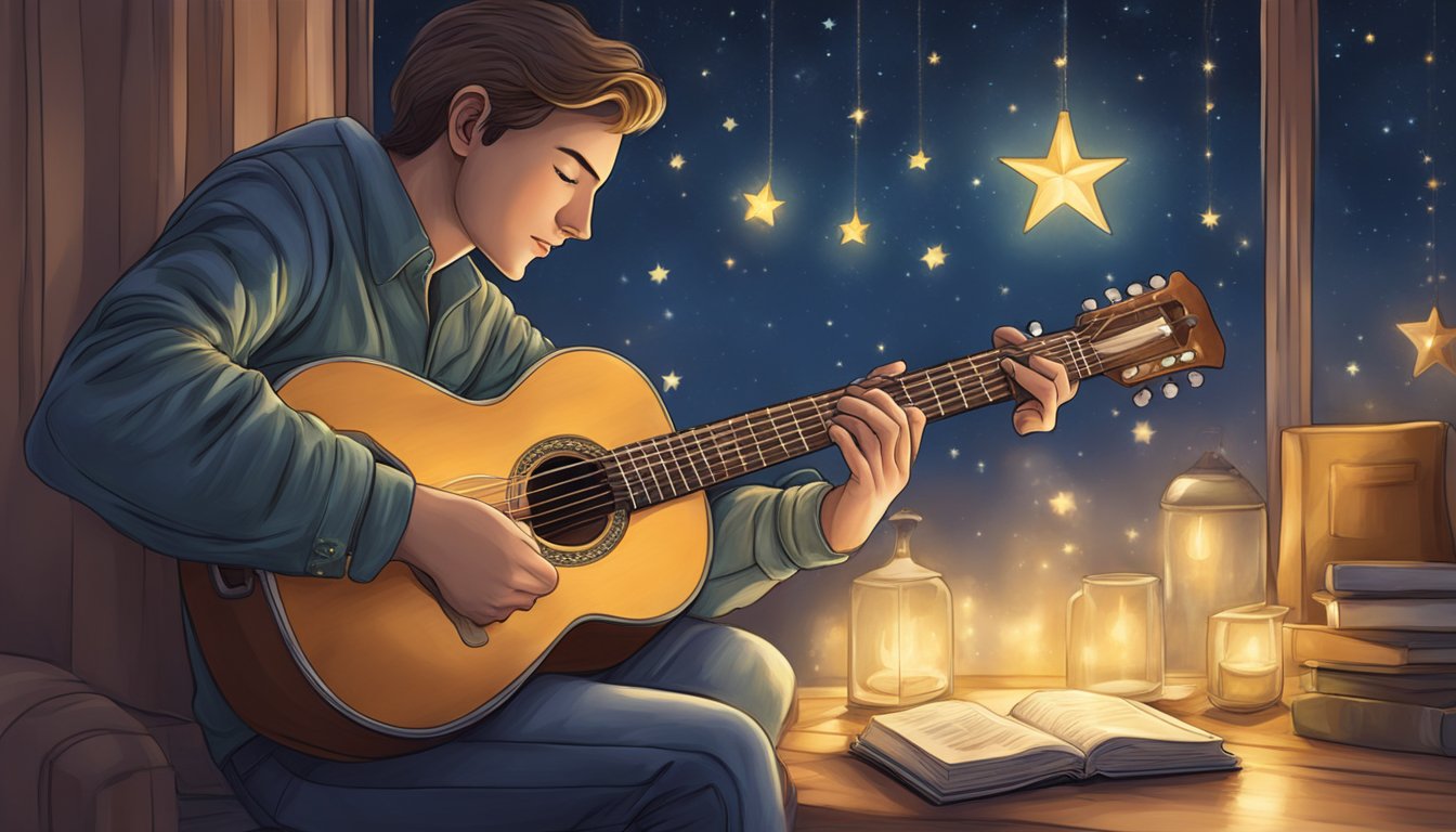 A guitar resting on a musician's lap, fingers plucking the strings to create the familiar melody of "Twinkle Twinkle Little Star."