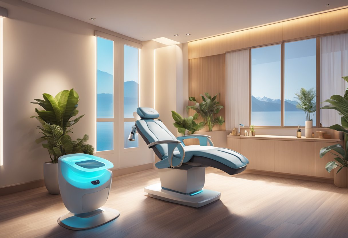 A serene spa room with a reclining treatment chair, soft lighting, and a HydraFacial machine