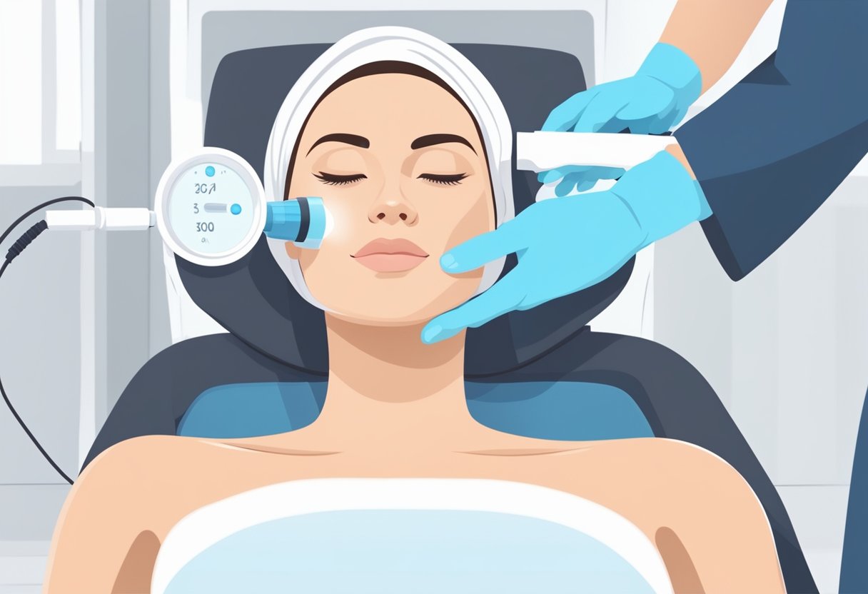 A serene woman receiving a HydraFacial treatment, with a focus on her hyperpigmented skin being gently treated by the specialized skincare technology