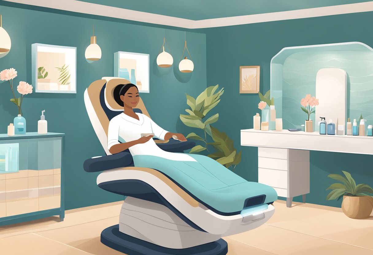 A serene spa room with a reclining chair, soft lighting, and a professional skincare technician performing a HydraFacial treatment on a client's skin