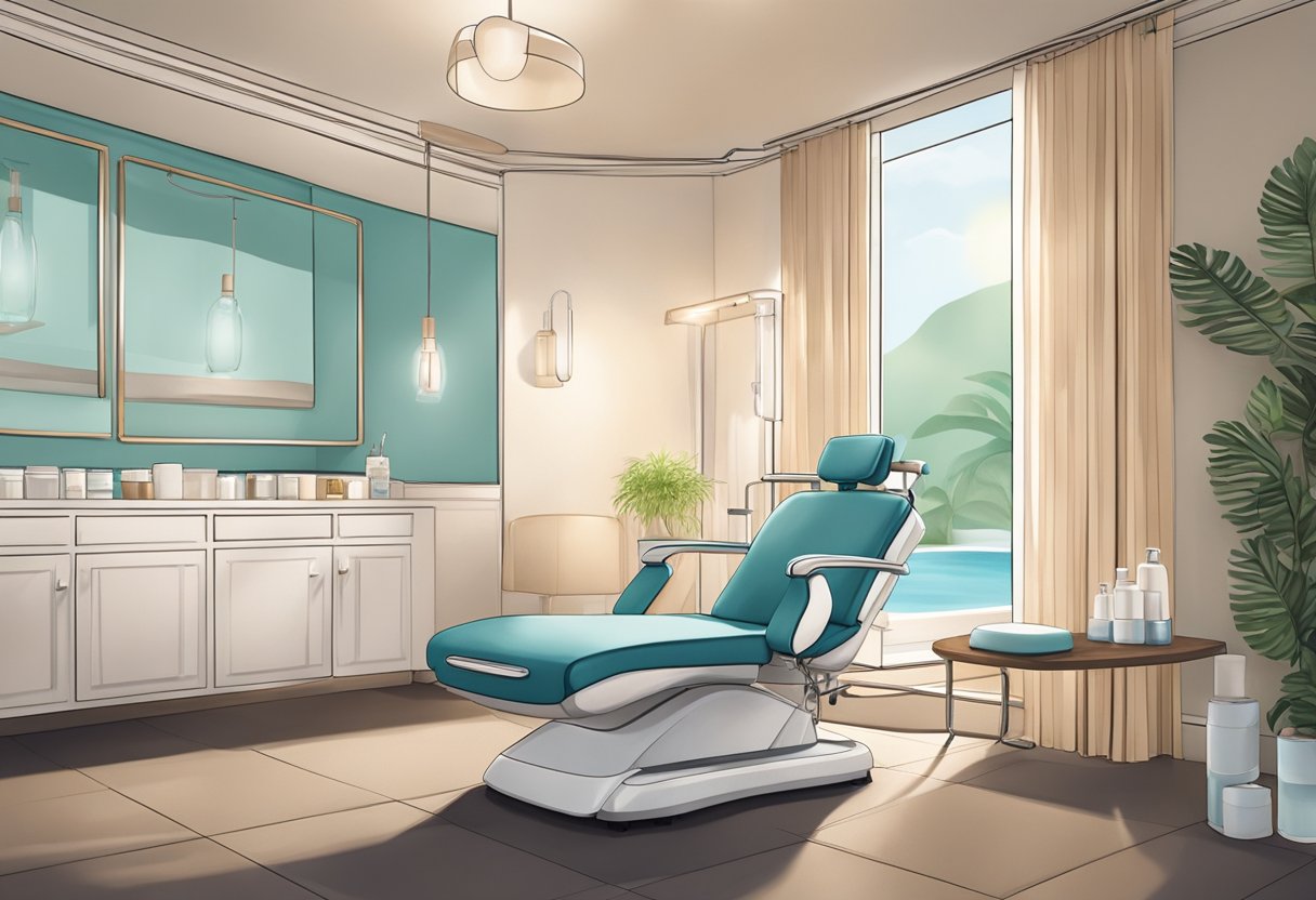 A serene spa room with a comfortable treatment chair, soft lighting, and a HydraFacial machine set up for a client with hyperpigmentation