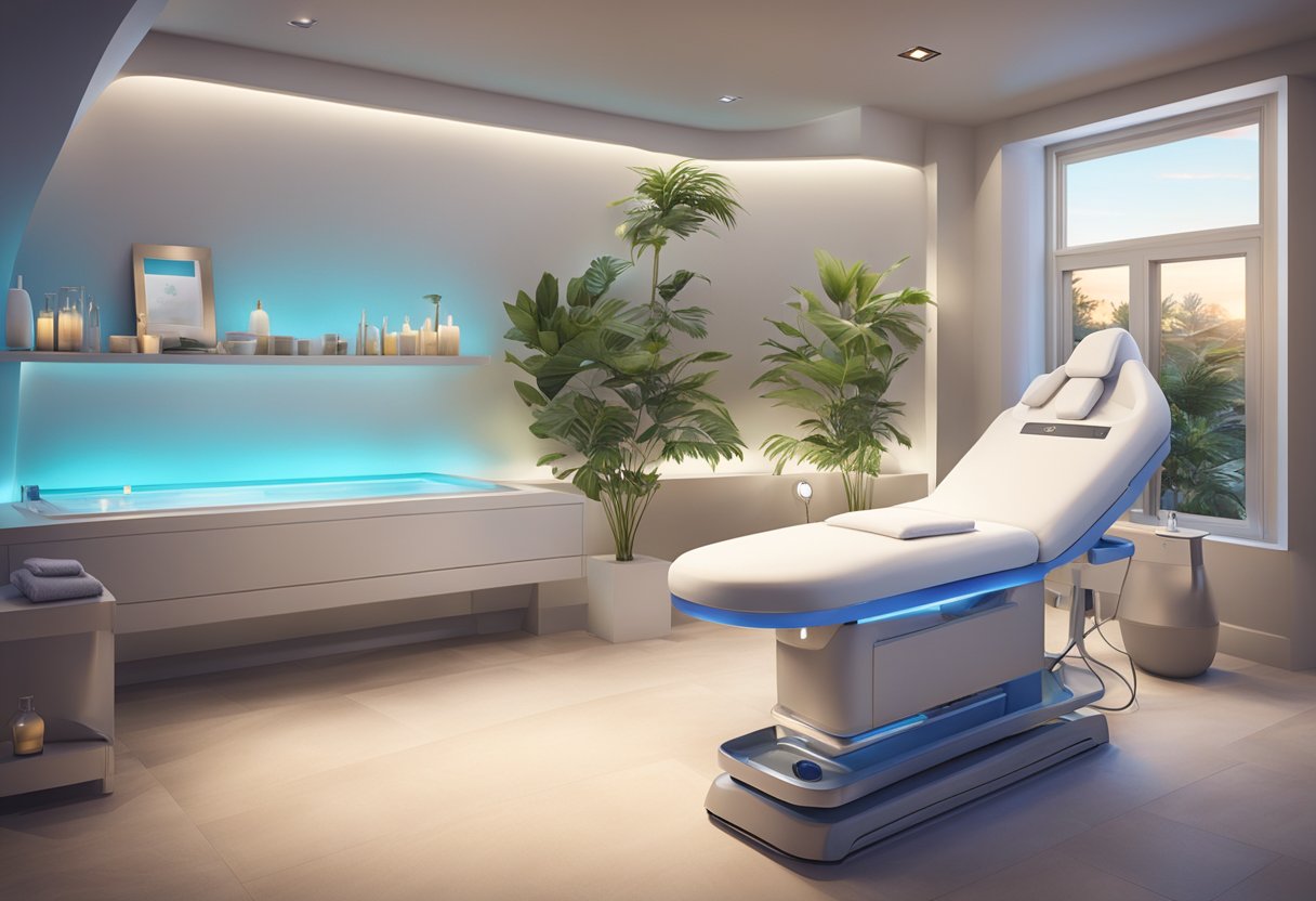 A serene spa room with a comfortable treatment bed, soft lighting, and a serene atmosphere. A HydraFacial machine is positioned nearby, ready for use