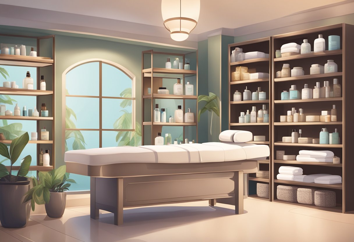 A serene spa setting with a luxurious treatment table surrounded by shelves of skincare products and soothing decor