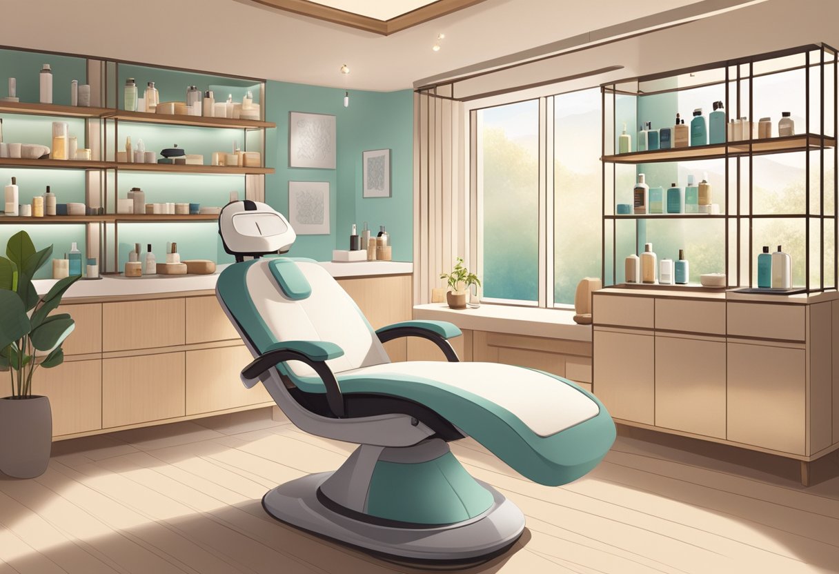 A serene spa room with a comfortable treatment chair, soft lighting, and shelves displaying various skincare products. An esthetician performs a HydraFacial on a client's skin with precision and care