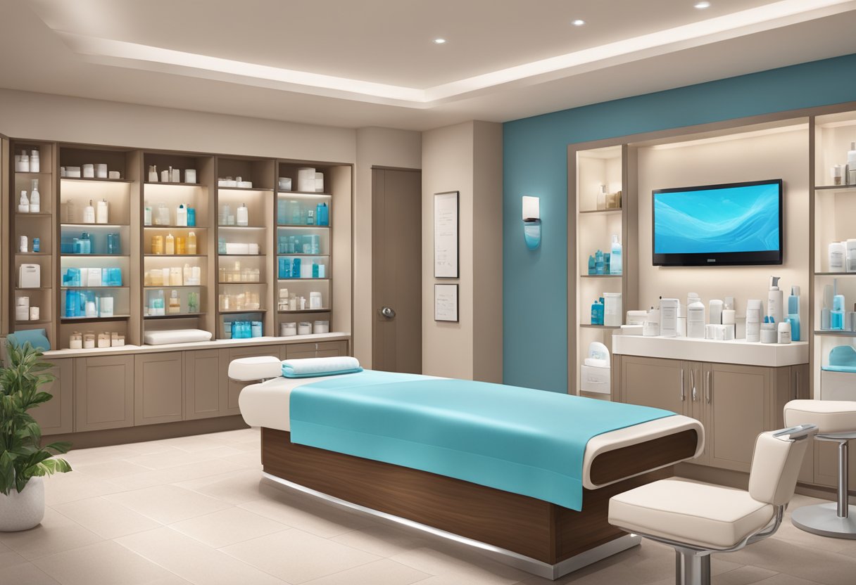 A serene spa room with various skincare products on display, including HydraFacial boosters tailored to different skin concerns