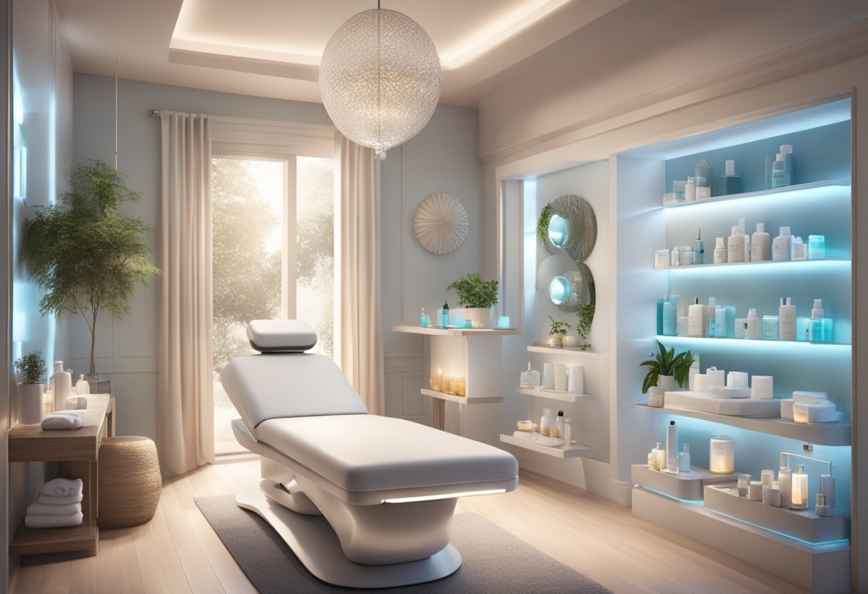 A serene spa setting with shelves of skincare products and a HydraFacial machine, surrounded by soft lighting and calming decor