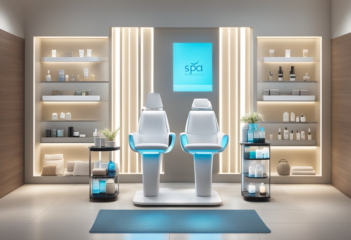 A serene spa room with soft lighting and a comfortable treatment chair, showcasing a variety of HydraFacial boosters and skincare products on a sleek display shelf