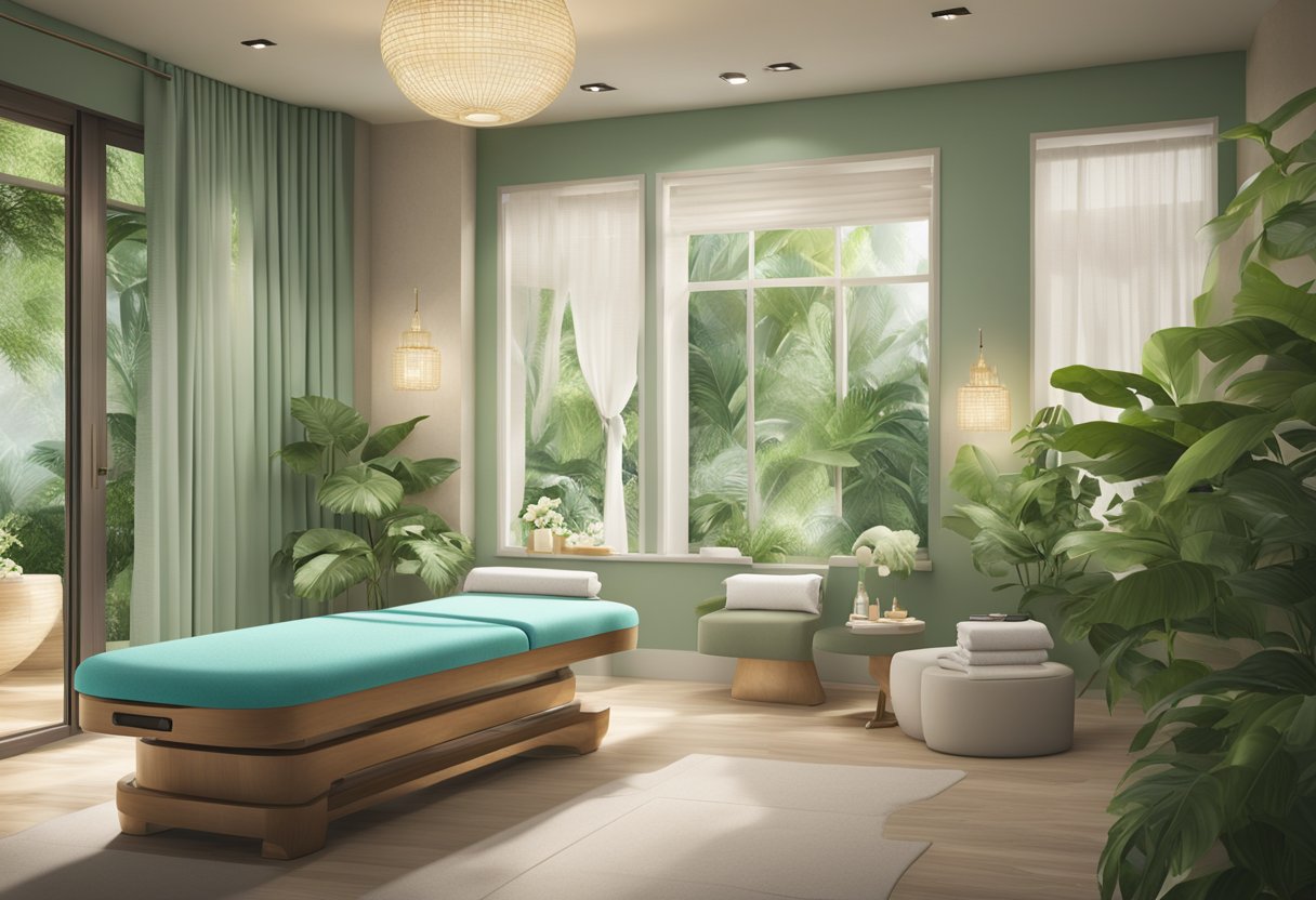 A serene spa room with soft lighting, a comfortable treatment chair, and a HydraFacial machine, surrounded by lush greenery and calming decor