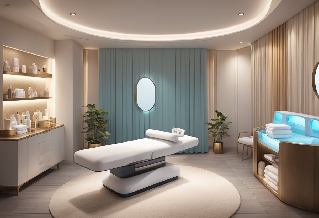 A serene spa room with soft lighting, a plush treatment bed, and the HydraFacial machine at the center, surrounded by luxurious skincare products