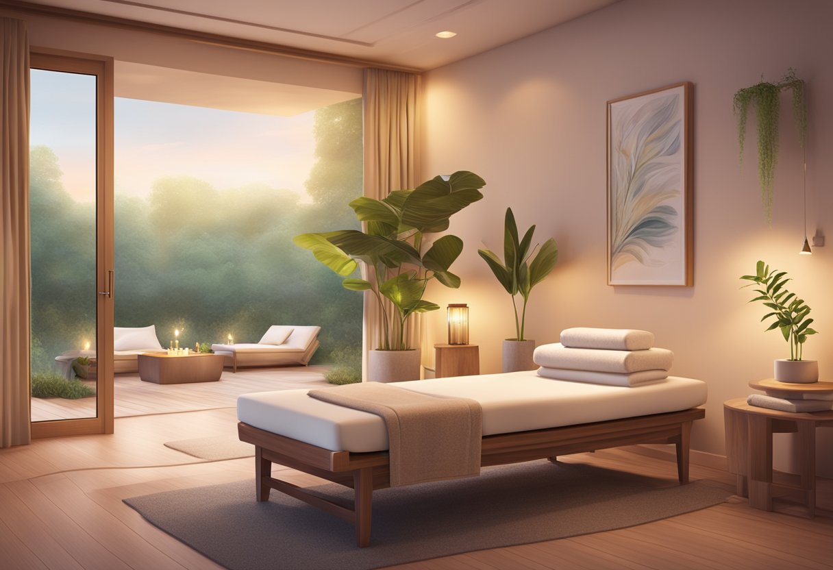 A serene spa room with soft lighting and a comfortable treatment bed, surrounded by calming decor and soothing music