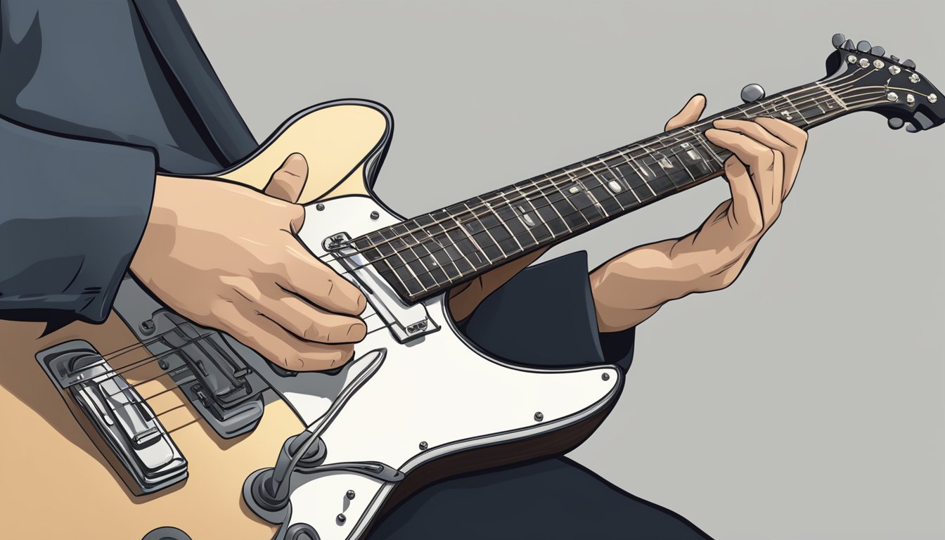 A guitar being strummed to play "Amazing Grace" with fingers pressing down on the frets to create the melody