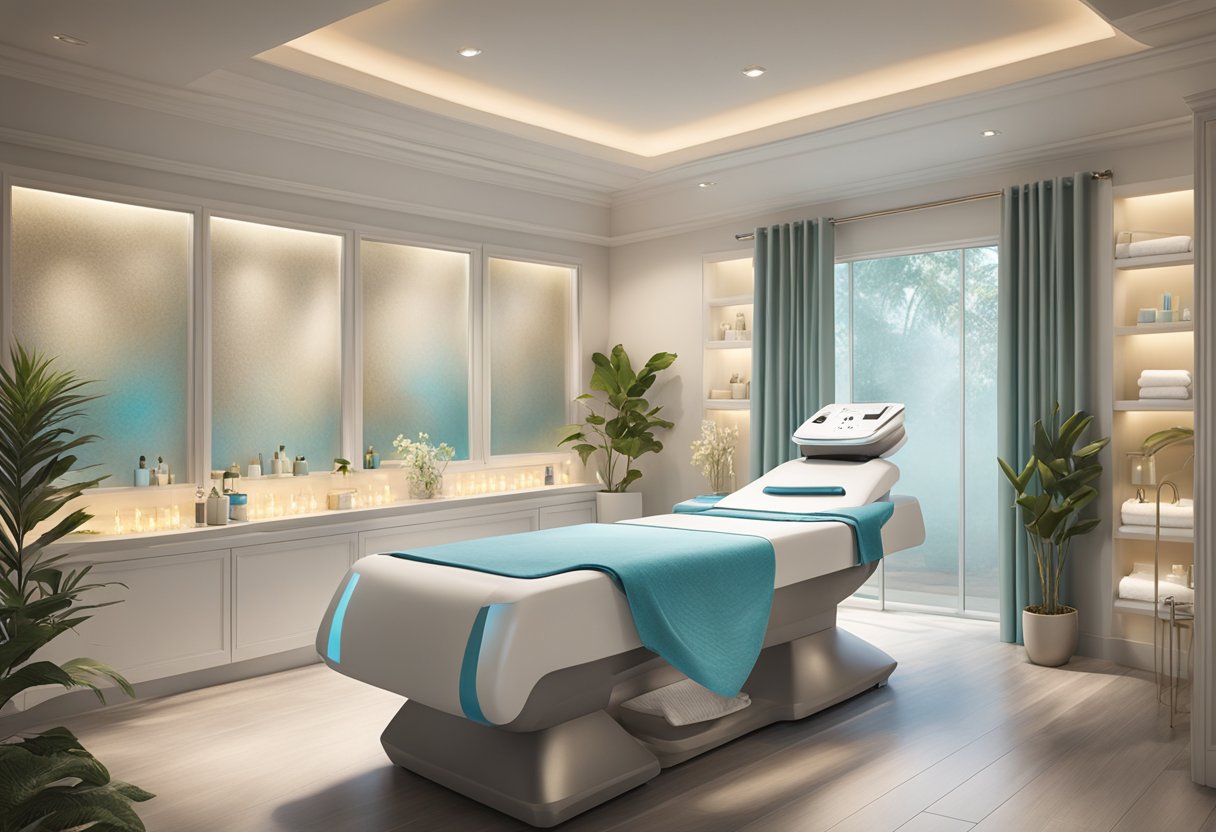 A serene spa room with a luxurious HydraFacial machine surrounded by calming decor and soft lighting at Orissa Med Spa in Chula Vista, CA