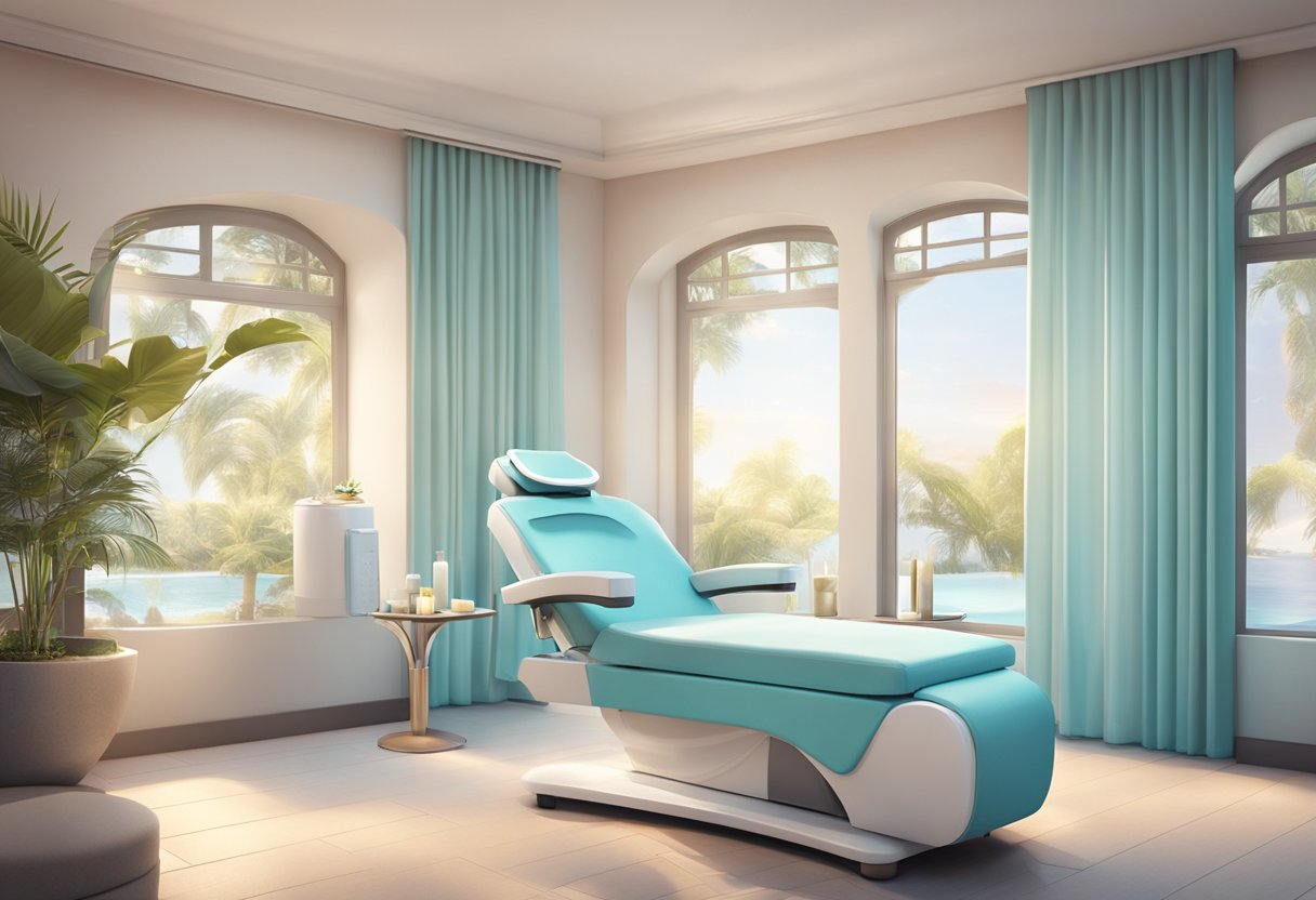 A serene spa room with a comfortable treatment chair and a HydraFacial machine, surrounded by soft lighting and calming decor