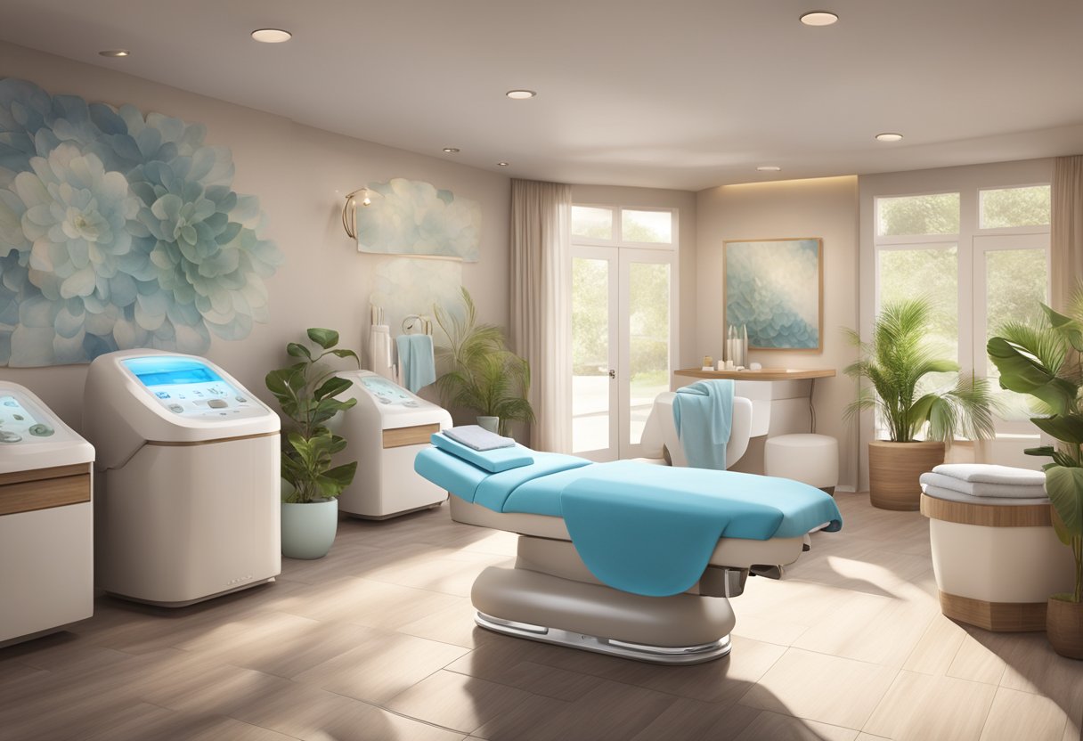 A serene spa setting with a HydraFacial machine and promotional signage, surrounded by calming decor and soft lighting