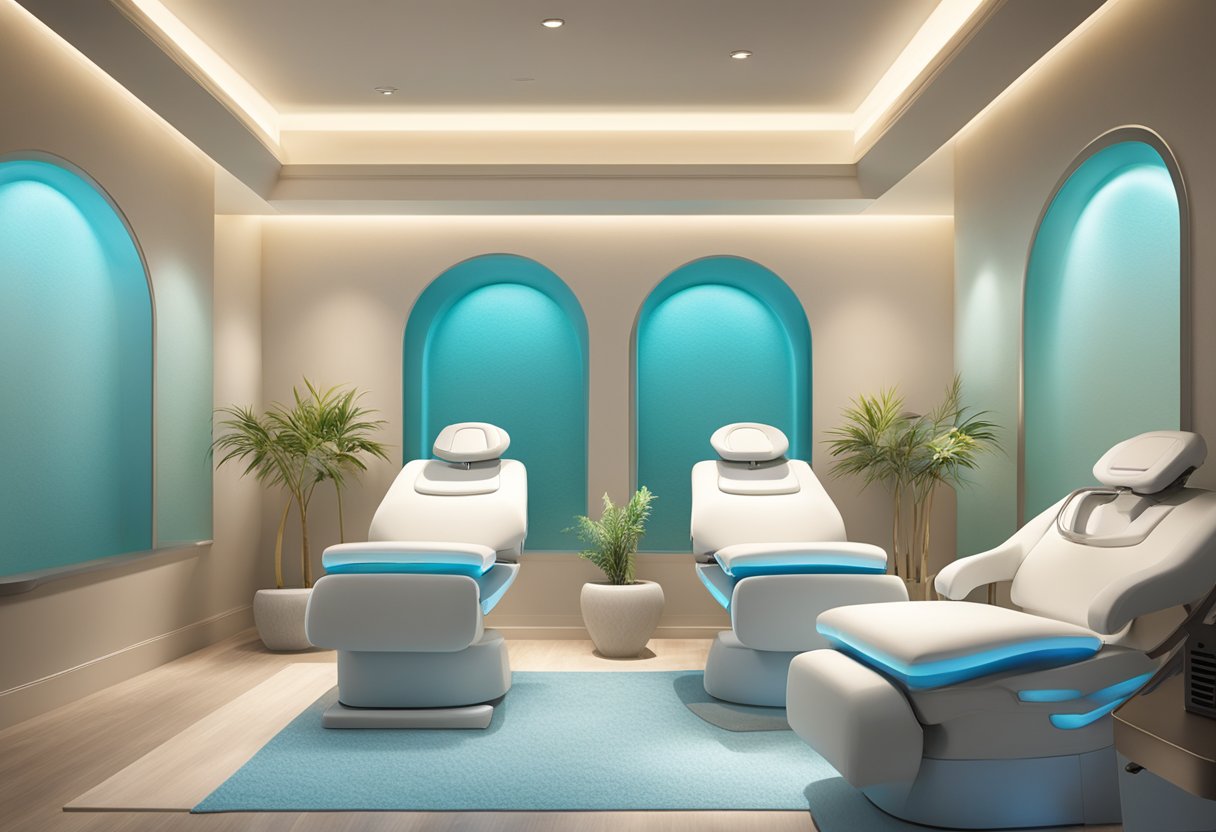 A serene spa room with a HydraFacial machine, soft lighting, and comfortable seating, set in Orissa Med Spa in Chula Vista, CA